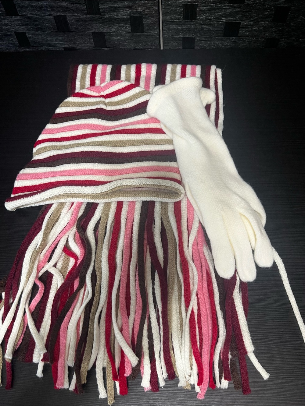 Striped Pink, White & Brown Knit Hat, Scarf and White Gloves Set